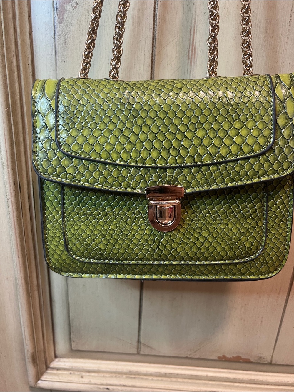 Green Faux Snakeskin Chain Crossbody Bag